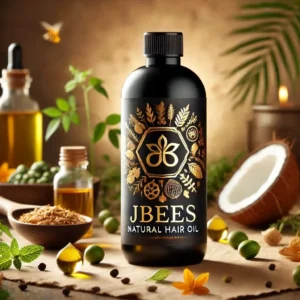 black bottle with written jbees natural hair oil and background with coconut and herbs
