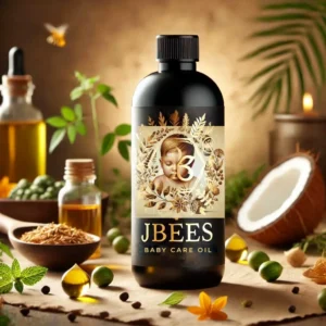 black oil bottle with a baby face written jbees baby care oil. rosemary hair oil for hair oil