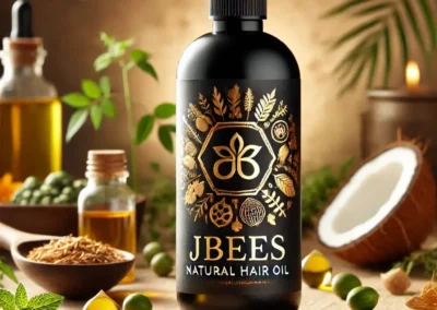 black bottle with writing jabees natural hair care oil. rosemary hair oil for hair growth