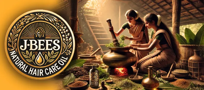 Two women in colorful traditional saris prepare rosemary hair oil together inside a rustic hut, showcasing Ayurveda hair oil cooking practices.rosemary hair oil for hair growth